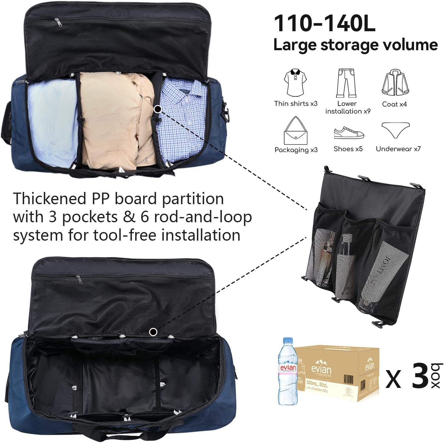 Vomgomfom Wheeled Collapsible Duffel Bag,110L-140L Expandable Checked Luggage, No-Telescopic-Handle with Anti-Burst Zipper & Reinforced Frame,Navy - Roamly