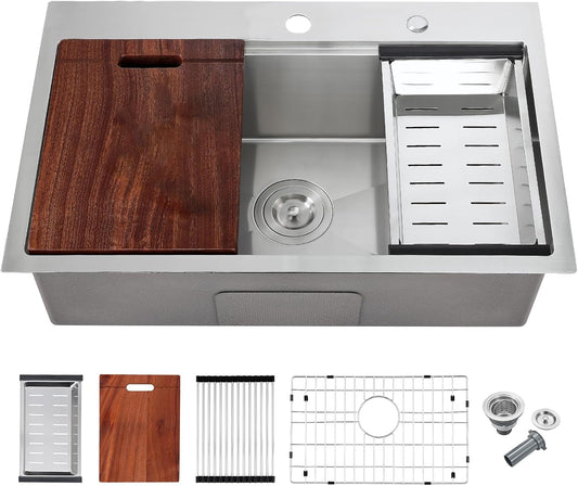 POPFLY 28 x 20 Inch Kitchen Sink, 28 Inch Stainless Steel Top Mount Drop in Workstation Sink, 9-Inch Deep Handmade Sinks with Cutting Board & Strainer, Brushed Nickel（28×20×9）