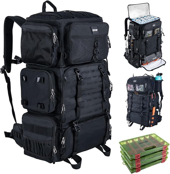 Goture Fishing Backpack with Cooler, 72L 600D Tackle Backpack Included 4 3700 Tackle Boxes, Dry & Wet Split Compartment, Large Fishing Tackle Bag with Rod Holders,Rain Cover for Travel Camping Hiking