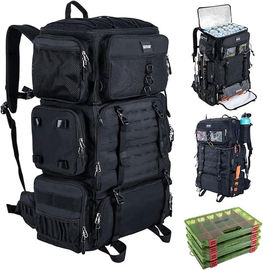 Goture Fishing Backpack with Cooler, 72L 600D Tackle Backpack Included 4 3700 Tackle Boxes, Dry & Wet Split Compartment, Large Fishing Tackle Bag with Rod Holders,Rain Cover for Travel Camping Hiking