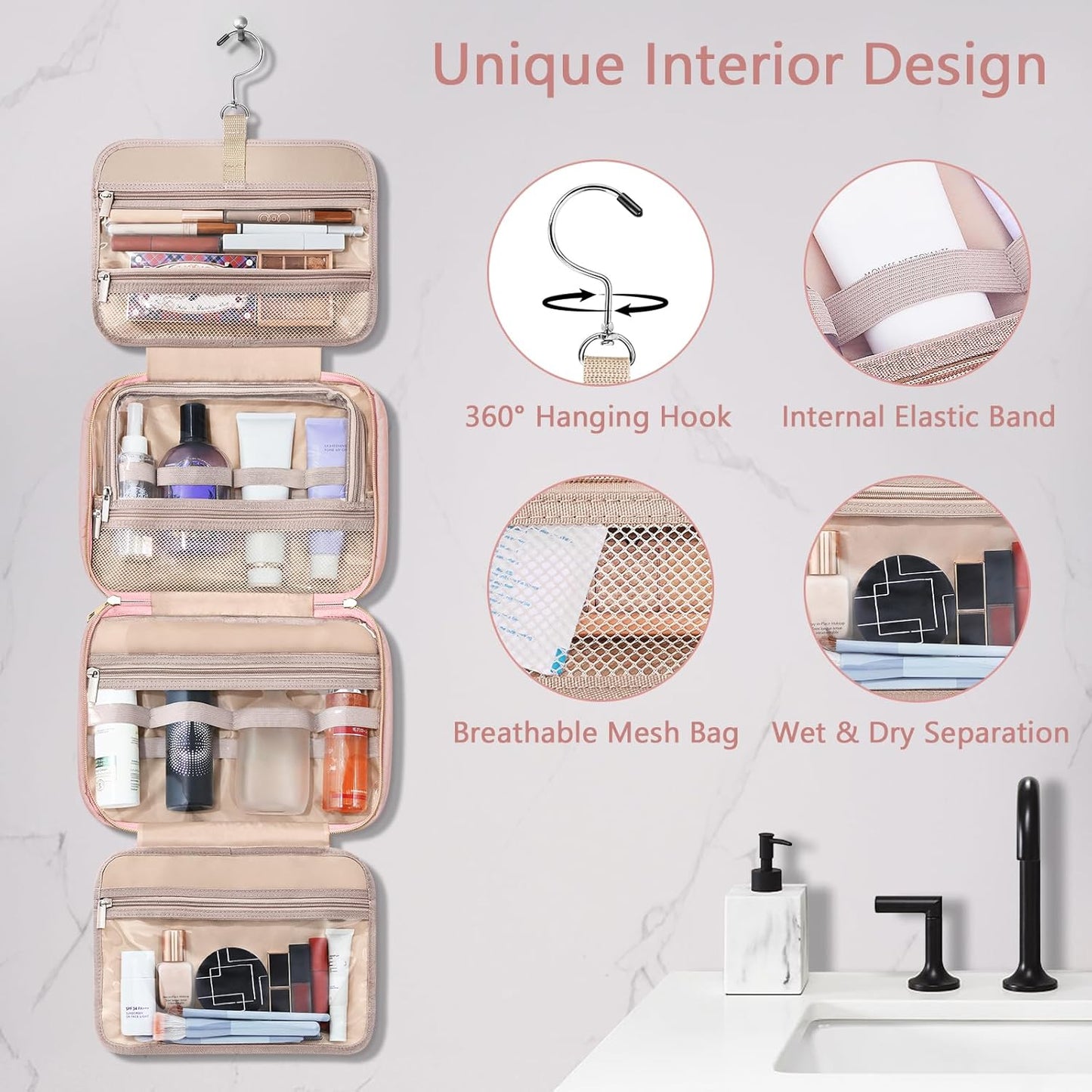 Wedama Toiletry Bag for Women, Hanging Travel Toiletry Bag with Jewelry Organizer Compartment Large Makeup Bag, PVC Waterproof Cosmetic Travel Bag for Travel Business Trips Camping Bathroom, Pink - Roamly