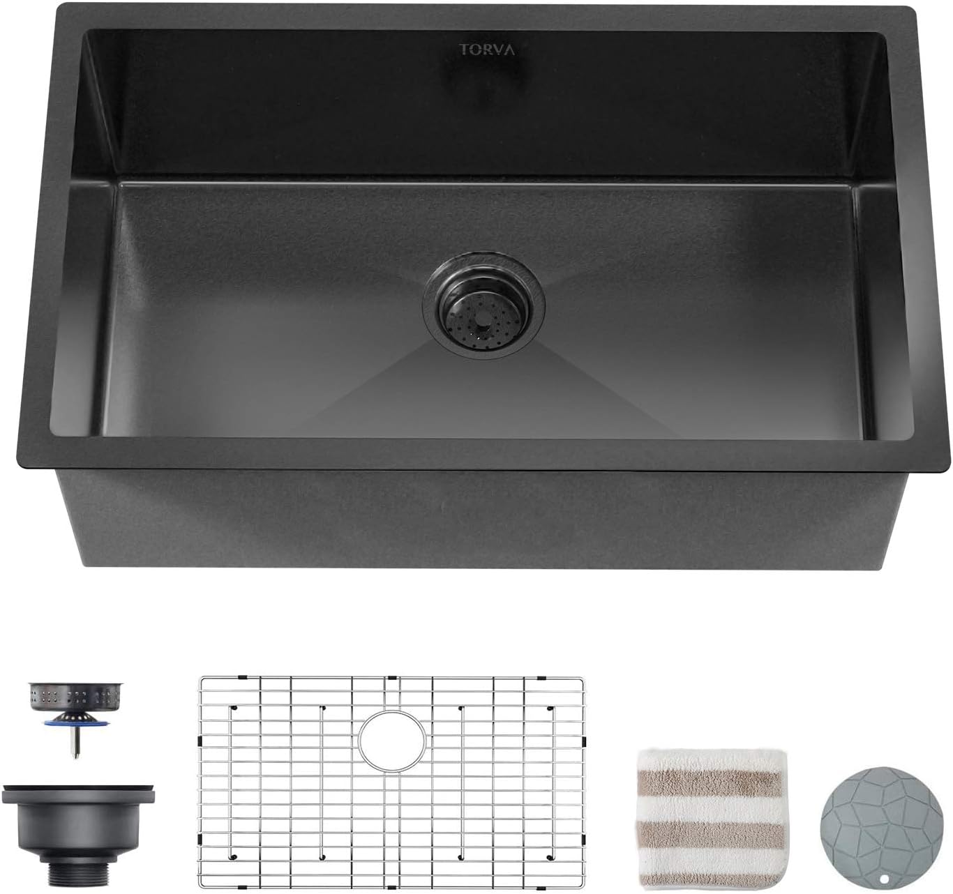 TORVA 30 x 18 Inch Black Ceramic Coating with NanoTek Undermount Kitchen Sink, PVD Coated Gunmetal Sink,16 Gauge Stainless Steel Wet Bar or Prep Sinks Single Bowl,Dark Grey
