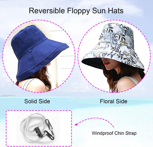 Women Wide Brim Sun Hats Metal Wired Edge Summer UV Protection Beach Fishing Hat for Hiking Garden Travel Chin Strap
