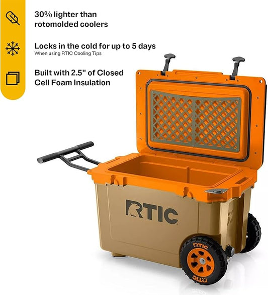 RTIC 52 Quart Ultra-Light Wheeled Hard Cooler Insulated Portable Ice Chest Box for Beach, Drink, Beverage, Camping, Picnic, Fishing, Boat, Barbecue, 30% Lighter Than Rotomolded Coolers