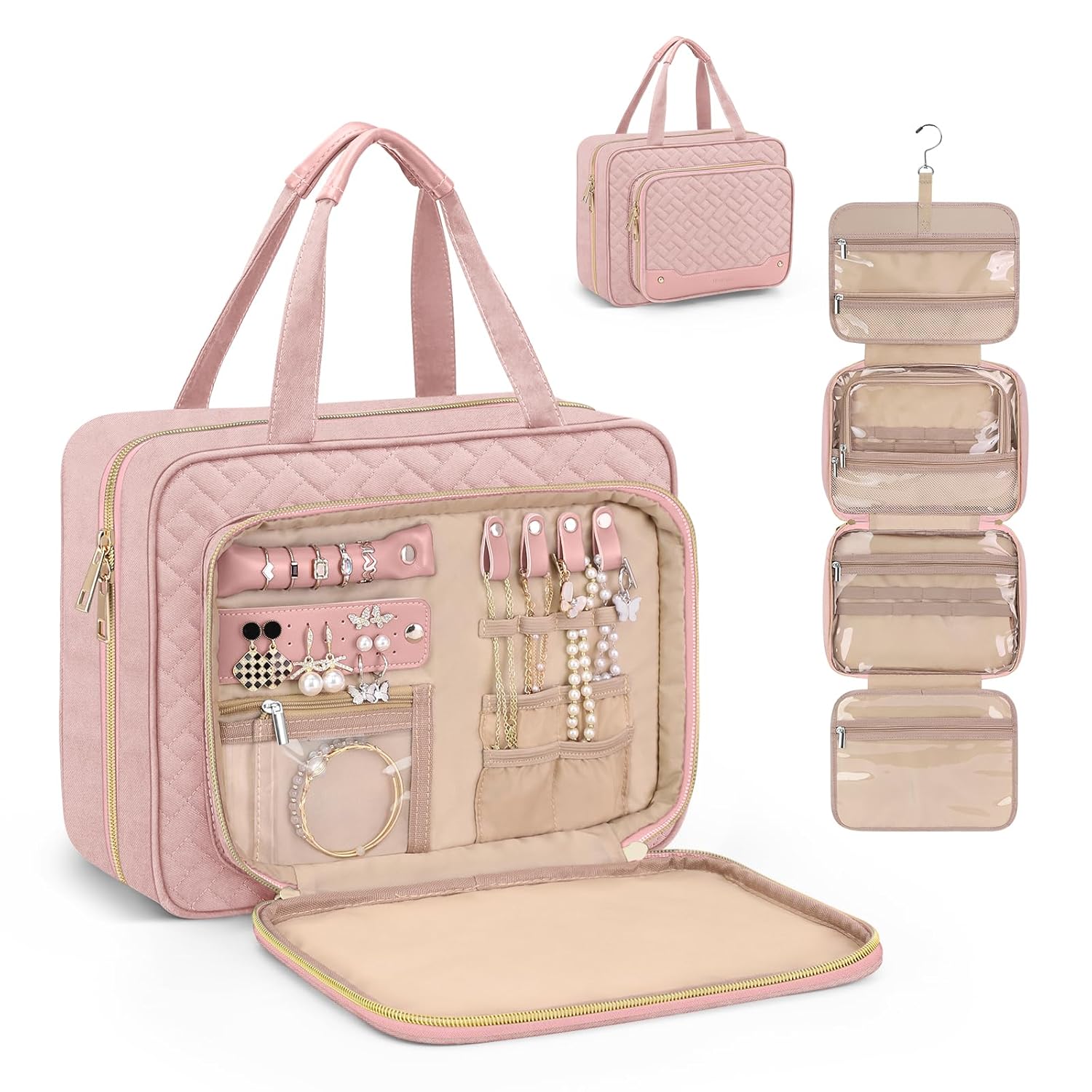 Wedama Toiletry Bag for Women, Hanging Travel Toiletry Bag with Jewelry Organizer Compartment Large Makeup Bag, PVC Waterproof Cosmetic Travel Bag for Travel Business Trips Camping Bathroom, Pink - Roamly