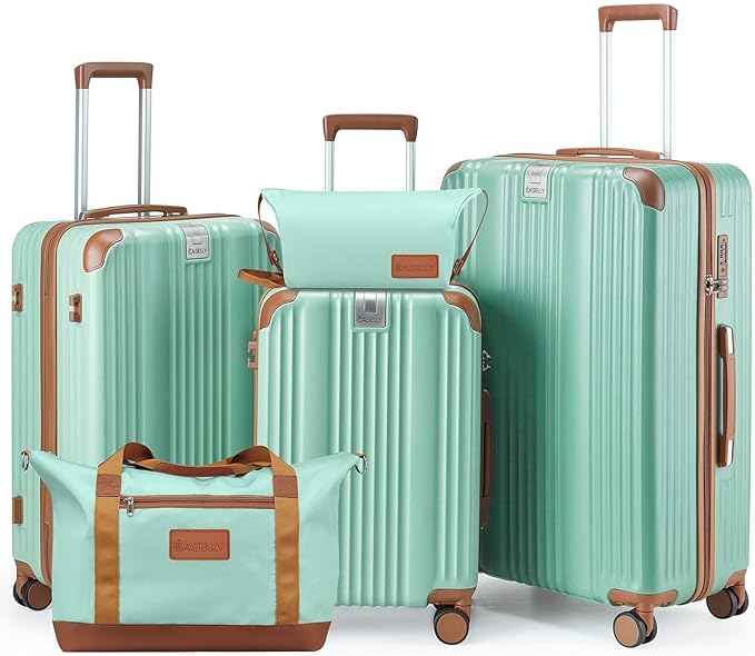 Luggage Set 3 Piece with Cup Holder,Hardshell TSA Lock Spinner Wheels Carry on Lightweight Suitcase，Hook and YKK Zippers for Valentine Gifts (Green, 5 piece sets(20/24/28/DB/TB))