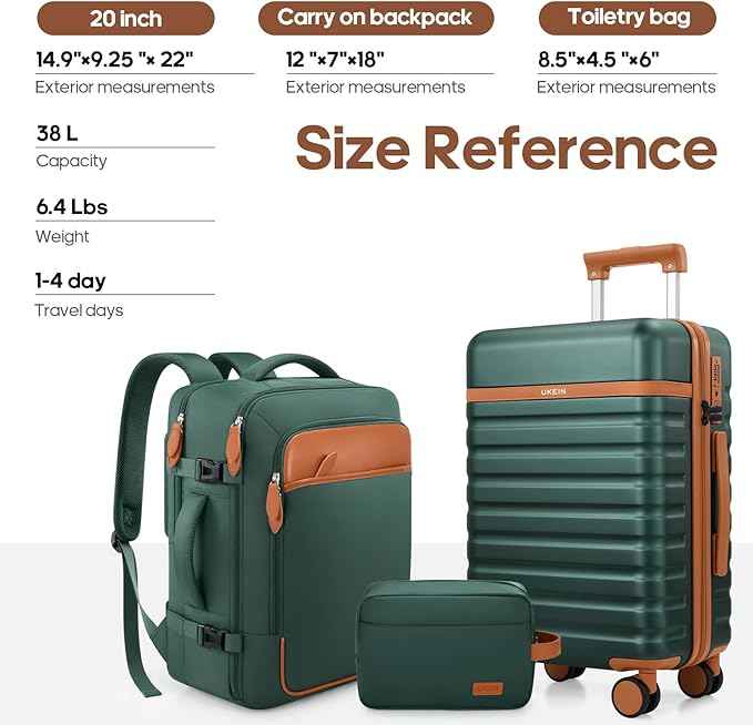 UKEIN Luggage Sets 3 Piece, Carry On Luggage 20In With Spinner Wheels,PC Hardside Suitcase Set with TSA Lock,Durable Carry On Suitcase With Travel Backpack for Men (Green, 3 piece set (20inch))