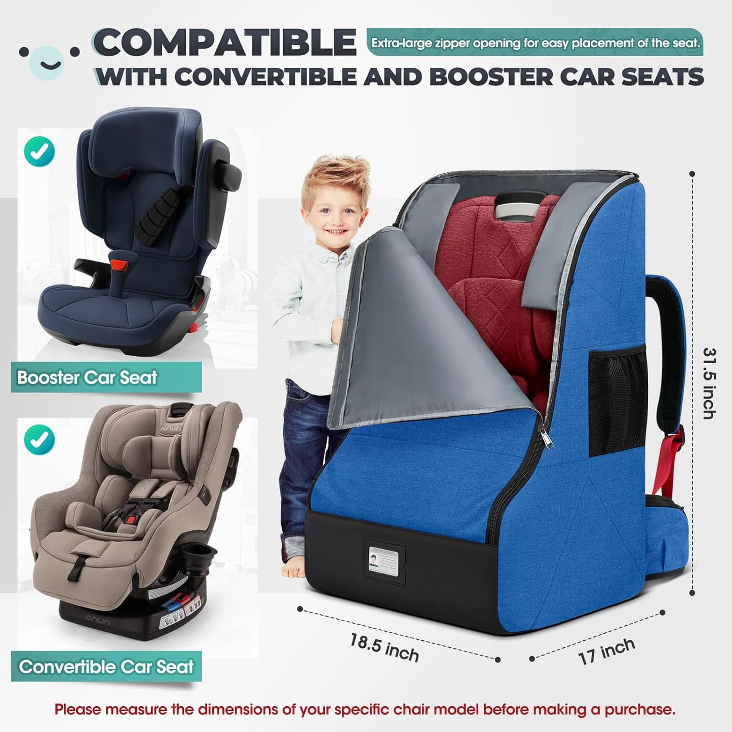 RAINSMORE Padded Car Seat Travel Bag for Airplane Heavy Duty Car Seat Backpack for Air Travel Baby Carseat Cover Bags for Airport Large Car Seats Carrier Fits Car Seats & Booster Seats,Blue