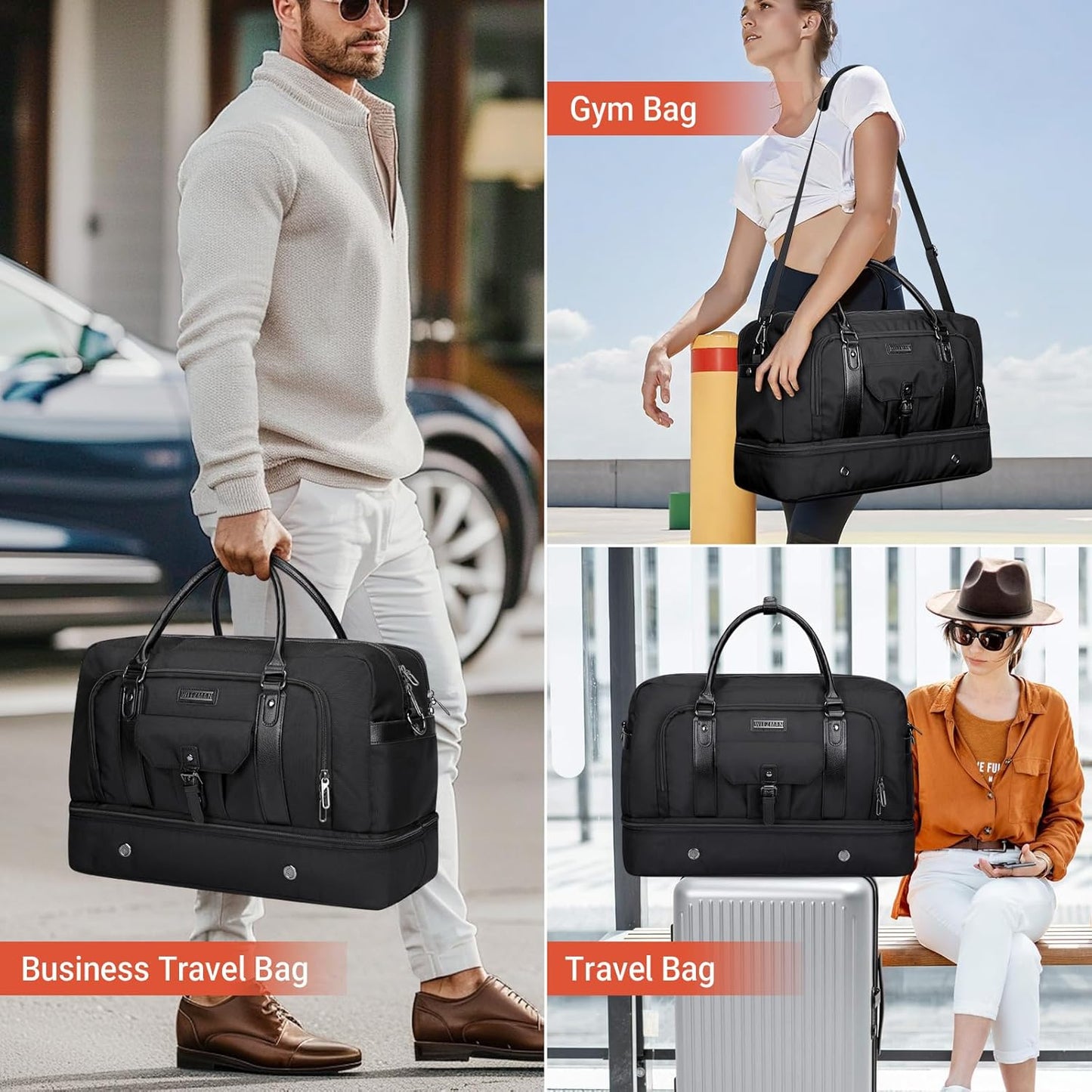 WITZMAN Weekender Bags for Men Women Carry On Duffle Overnight Bag with Toiletry Bag Sets Travel Duffel Bag Shoes Compartment （B694 Black） - Roamly