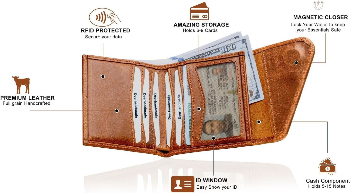 Leather RFID Wallet for Men, Slim Leather Mens Wallet, Handcraft Men's Wallets, Card Cases & Money Organizers, Magnetic Closure Sleek RFID Blocking Thin Mens Wallets with 9-12 Card Slots & Gift Box - Roamly