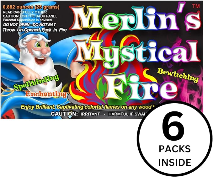Merlin's Mystical Fire Color Changing Packets- Pack of 6, 0.882 oz Each- Long Lasting Enchanted Multi-Color Magical Flames- Flame Color Changer for Fire Pits & Outdoor Fireplaces- Campfire Accessories