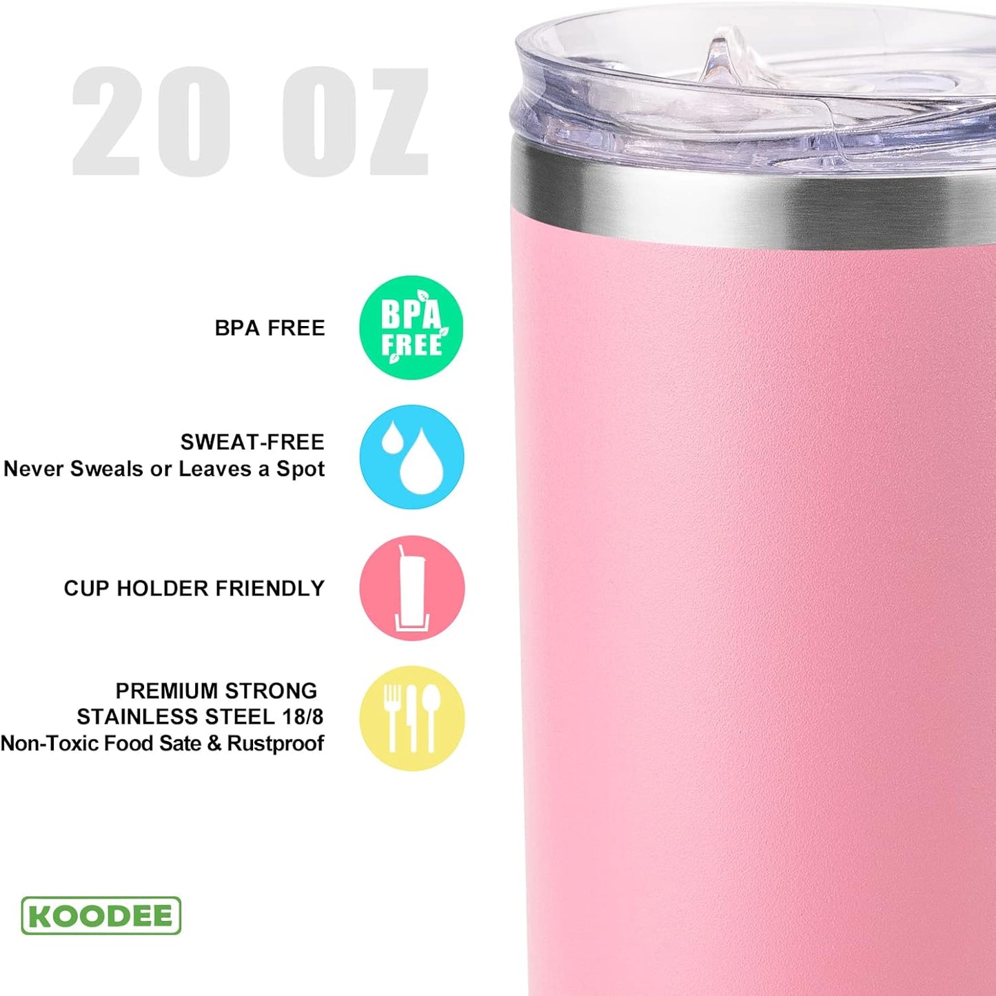koodee 20 oz Stainless Steel Skinny Tumbler(4 Pack) Double Wall Insulated Water Tumbler Cup with Lids, Straws and Straw Brushe（Baby Blue/Pink/Sky Blue/Teal）