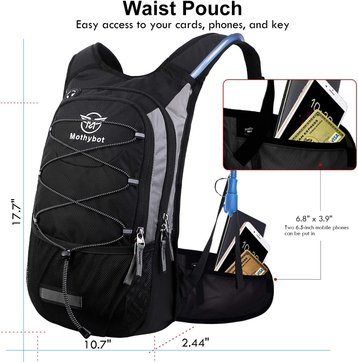 Insulated Hydration Backpack Pack with 3L BPA Free Leak Proof Water Bladder, Large Storage Lightweight Hiking Daypack with Waist Pouches & Cooler Layer, for Running, Biking, Camping, Festival - Roamly