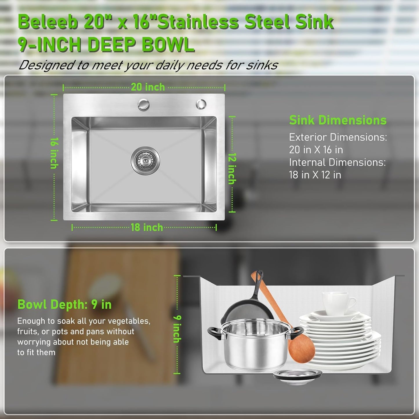 Drop In Kitchen Sink 20x16", 9" Basin Depth, 18 Gauge Stainless Steel Sink, 3D Embossed Surface Finish Top Mount with Accessories