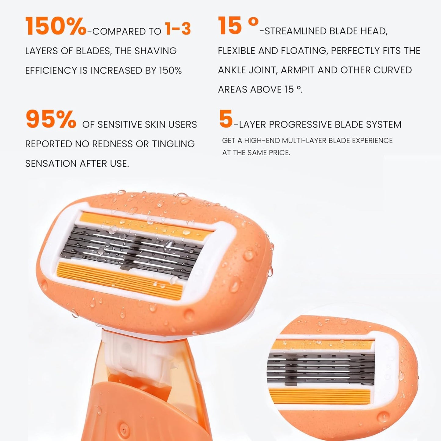 Mini Travel razor Kit for women with moisturizing bar - 1 Handle and 3 Cartridges - Extra Smooth 5-blade With Case for Close Shaving - Orange