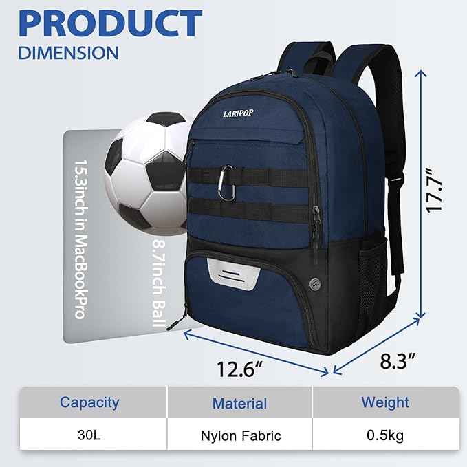 LARIPOP Soccer Backpack Soccer Bag with Ball Holder & Shoe Compartment Youth Sports Equipment Training Bag