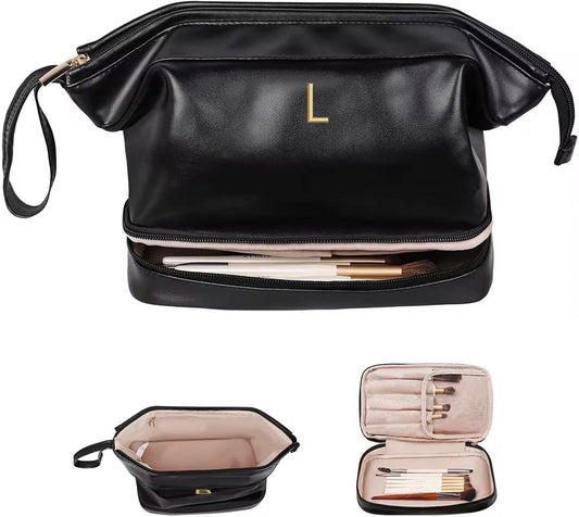 Gifts for Women-Initial Large Makeup Bag for Female, Gift for Women Personalized Cosmetic Bag with Makeup Brush Organizer, Teacher Gift, PU Leather Travel Toiletry Bag Small gift Bags