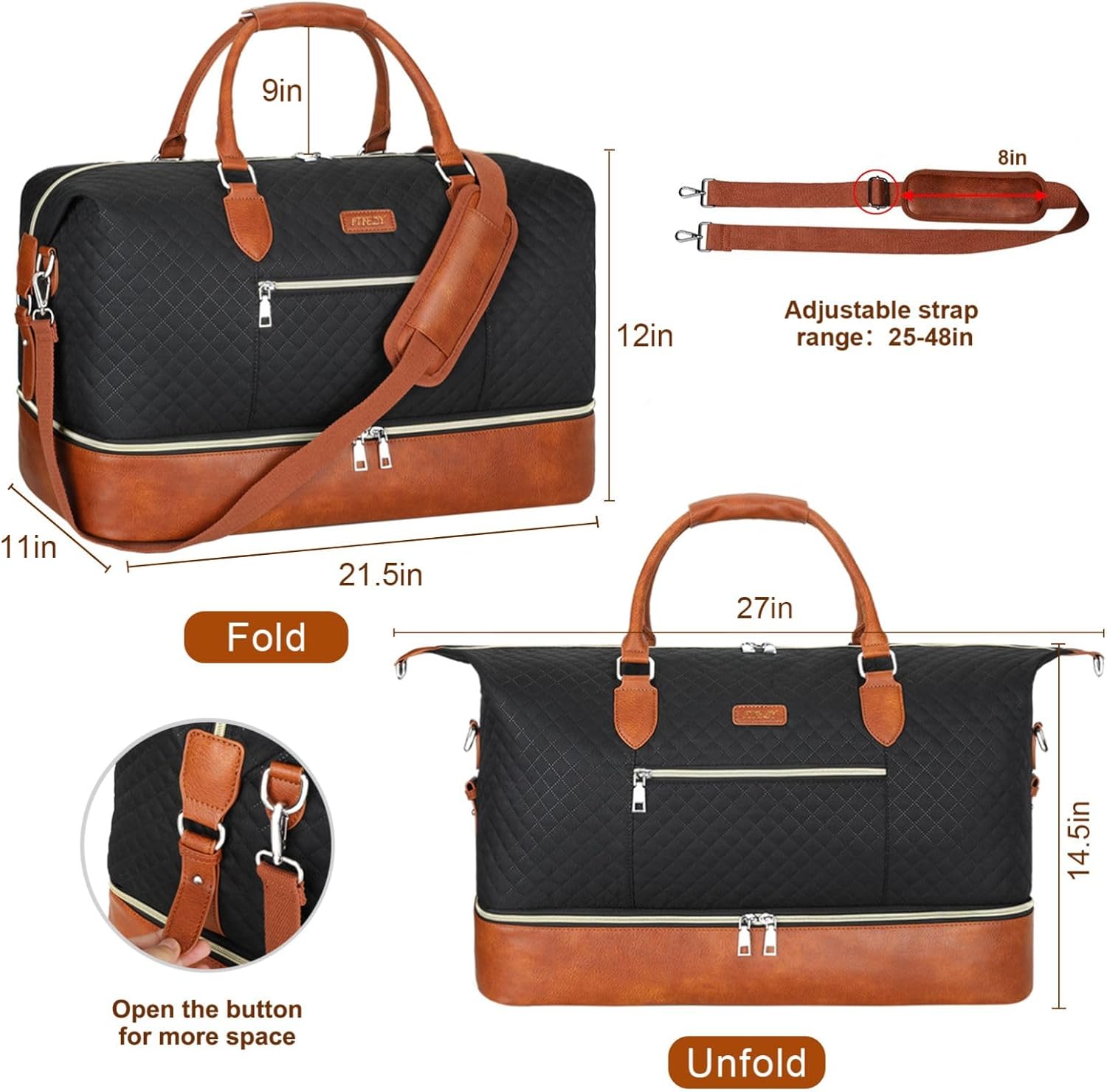 Weekender Bag for Women, Travel Duffel Bag Carry On Overnight Bag with Shoe Compartment Large Nylon Travel Weekend Tote Bag - Roamly