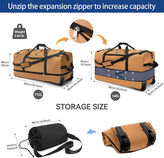 110L Expandable to 140L 32” Foldable Oxford Soft-Sided Rolling Duffle Bag with 2 Heavy-Duty Wheels,3 Large Compartments,Adjustable Shoulder Strap and Attached Organizer Pouch,Coffee - Roamly