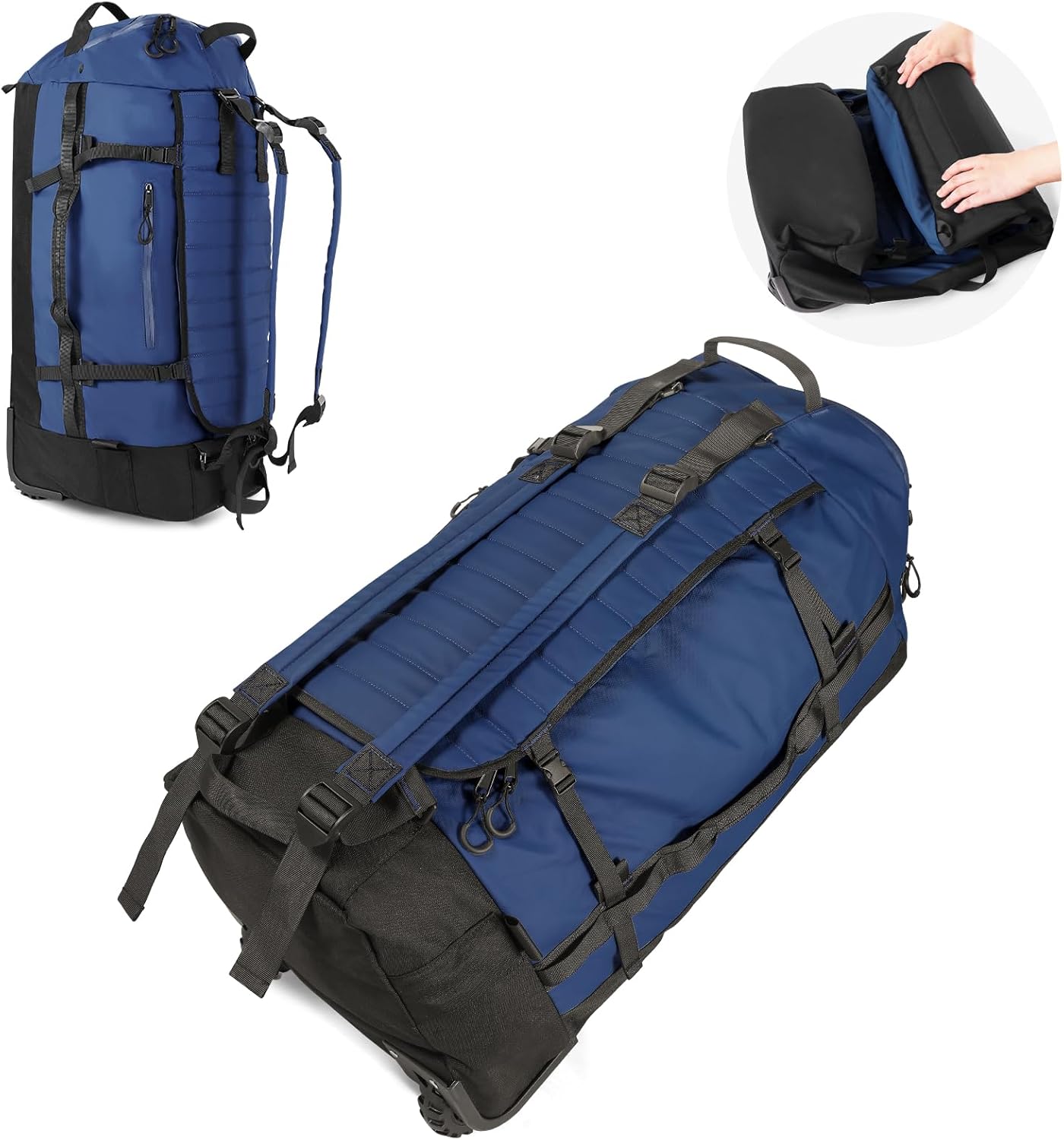 Vomgomfom 86L Collapsible Wheeled Luggage with Removable Backpack Straps,Waterproof Rolling Duffle Bag with Quilted Base,No Telescope Handle,Navy - Roamly