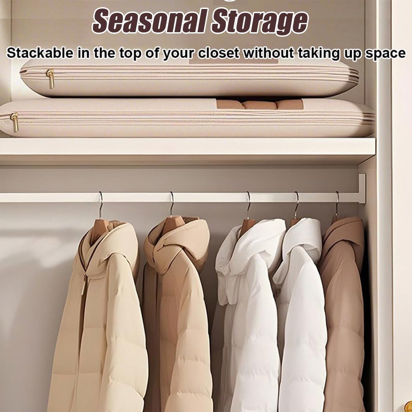 Space Saving Hanging Garment Bag with Self Compression Zipper, Space-Saving Dust-Proof Down Jacket Compression Storage Bag for Coats Blankets, Sweaters, Seasonal Clothes(Beige, L)