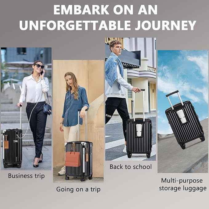 Joyway 3 Piece Set Hardside Expandable Luggage with USB Charging Port and Cup Holder, TSA Lock Spinner Wheels Suitcase for International Travel, Lightweight Carry On Checked Baggage, Black