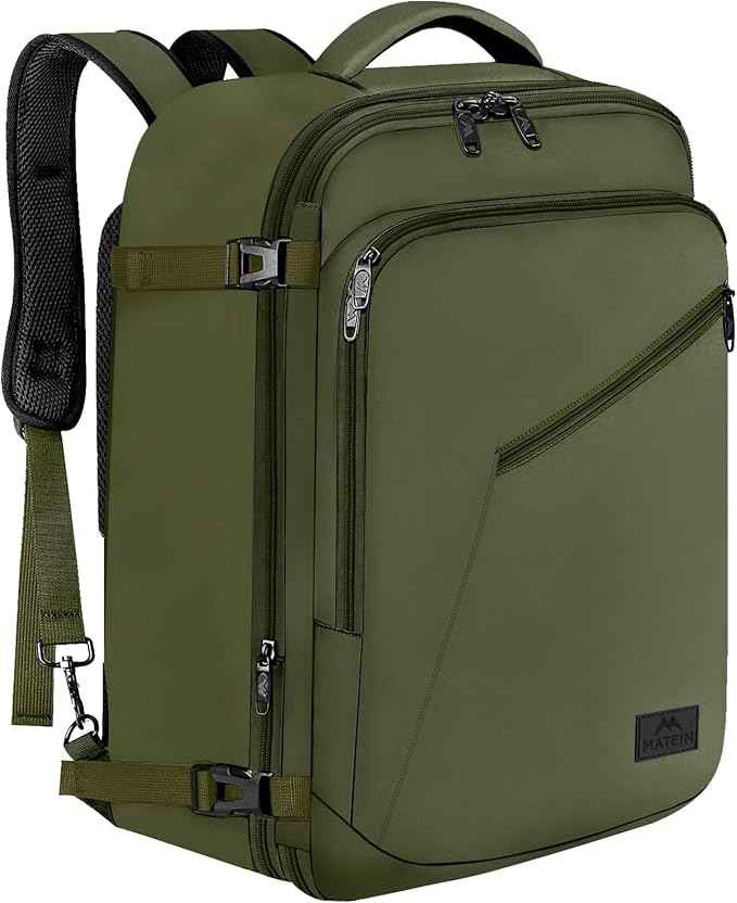 MATEIN Expandable Air Travel Backpack, Light Weight Carry on Backpack with Trolley Sleeve, Water Resistant Daypack for Hiking, Gifts for Men who Like to Travel, Dark Green