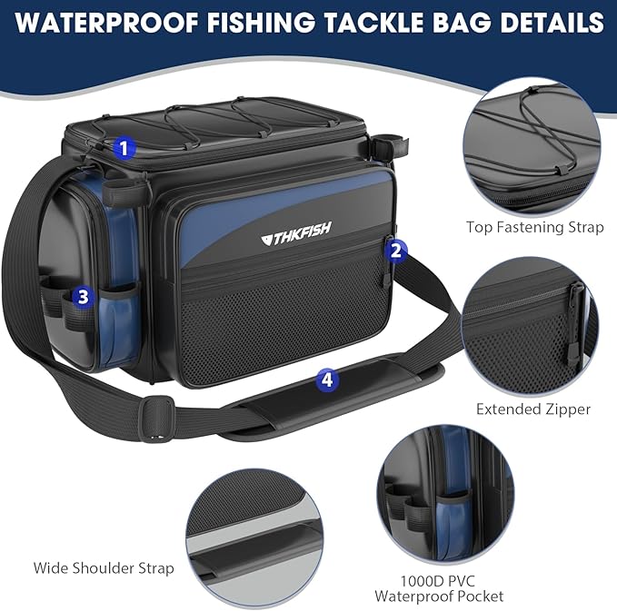 THKFISH Waterproof Fishing Tackle Bags, Saltwater Resistant Large Fishing Tackle Bag, 1000D PVC Waterproof Fishing Gear Storage Store 3600 3700 Trays