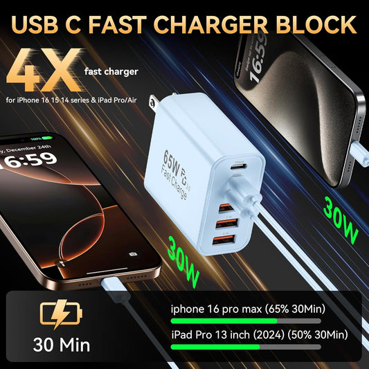 USB C Charger Block, 65W USBC Wall Charging Blocks 6-Port PD & QC Power Adapter Multiport Type C Fast Chargers Plug Cube Brick for iPhone 16/15/14/13/12/Pro Max,iPad Pro,Samsung Galaxy S25 Black