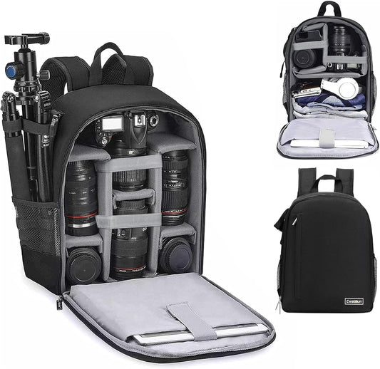Cwatcun Camera Backpack Bag Professional for SLR DSLR Mirrorless Camera Waterproof Camera Case Compatible with Sony Canon Nikon Camera and Lens Tripod Accessories (Ⅱ Small Black)