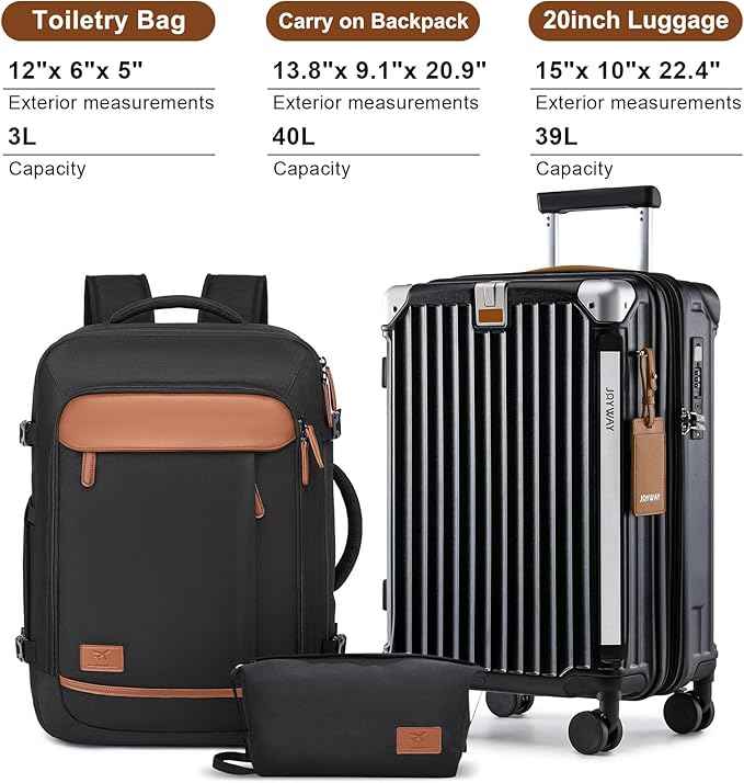 Joyway 20in Carry On Luggage with Cup Holder and USB Port, 25% Expandable Capacity, Smart Suitcase with Anti Slip Wheels and Backpack, Perfect for Men and Women 3 Piece Set Black
