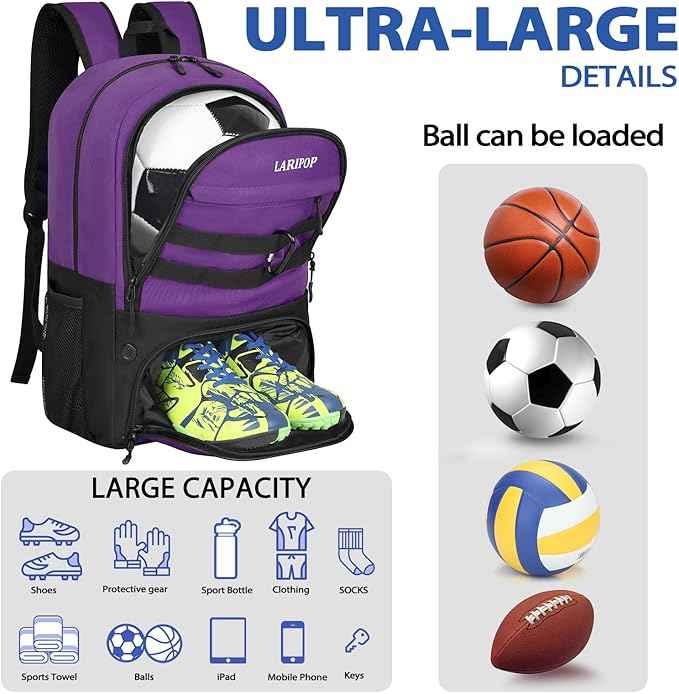 LARIPOP Soccer Backpack Soccer Bag with Ball Holder & Shoe Compartment Youth Sports Equipment Training Bag