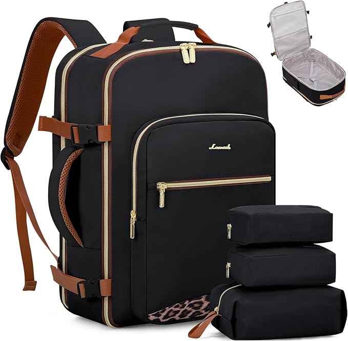 LOVEVOOK Travel Backpack for Women & Men 40L,Airline Approved Carry On Backpack Travel Essentials,TSA Carry on Luggage,Waterproof Personal Item Travel Bag Suitcase,3 Packing Cubes,Black-Leopard print