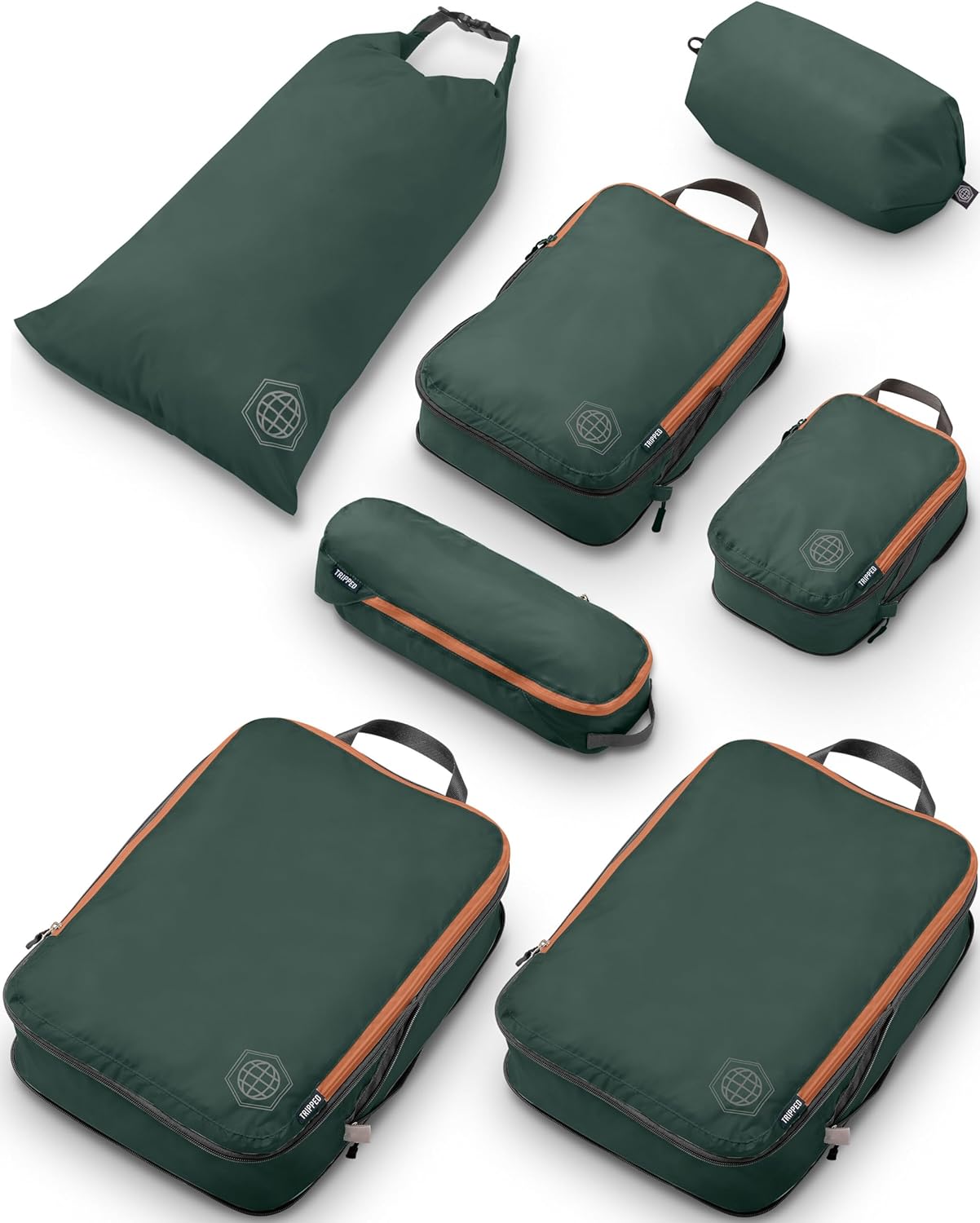 Large Compression Packing Cubes for Travel-Packing Cube Luggage Organizers 7 Piece Set for Checked Luggage-Ultralight, Expandable/Compression Bags by TRIPPED Travel Gear (Green and Brown) - Roamly