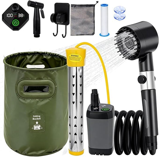 Portable Shower for Camping with Heater, Portable Camping Shower Pump with 6000mAh Battery, 1500W Water Heater, 5.3Gal Foldable Bucket, Digital Display Outdoor Shower for Camping, Beach, RV