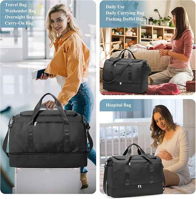 Travel Duffel Bag for Women, Carry-on Overnight Weekender Bags with Wet Pocket & Toiletry Bag, For Spirit Airlines 18x14x8 Personal Item Bag,Small,Black