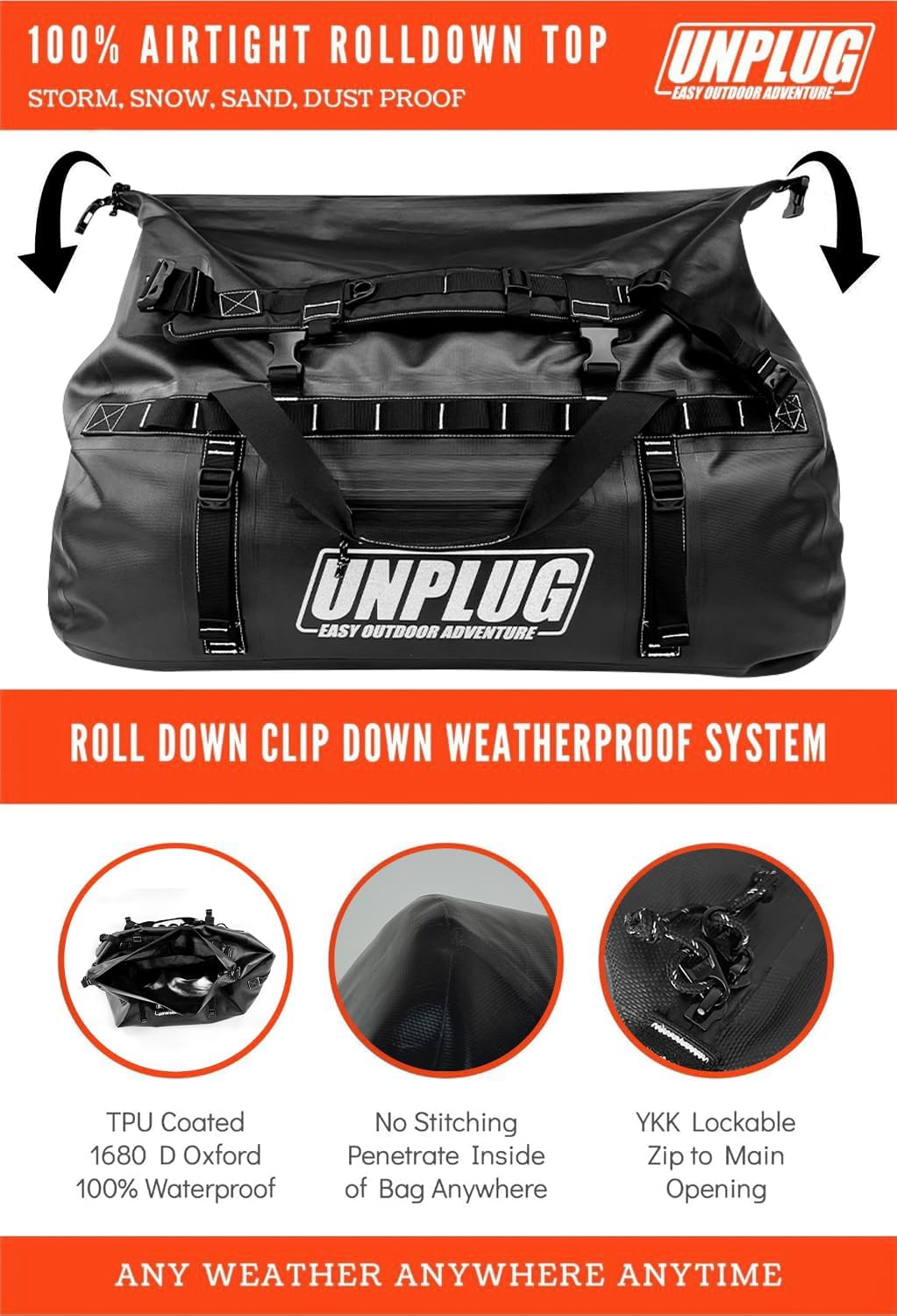 UNPLUG Ultimate Adventure Bag -1680D Heavy Duty Waterproof Travel Duffel Bags for Camping, Motorcycle Dry Bag, Waterproof Bags for Boating, Waterproof Duffle Backpack,Tactical Duffle Bag - Roamly