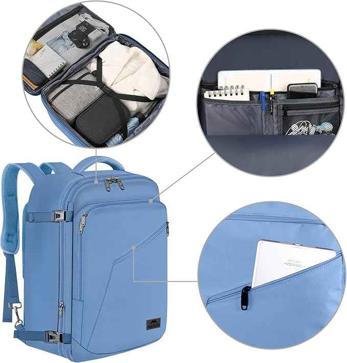 MATEIN Big Backpack for Travel, Carry on Backpack for Airlines with Hide Away Shoulder Straps, Large Hiking Daypack with 2 Handles, Gifts for Traveler Women, Light Blue