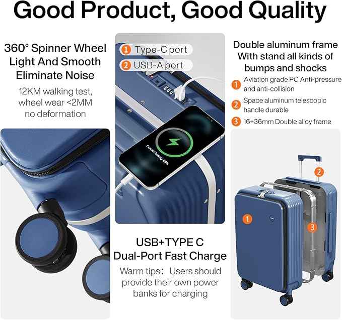 mixi Carry On Luggage with Cup Phone Holder and Charger Hard Shell Suitcases with Spinner Wheels,20 Inch Sapphire Blue