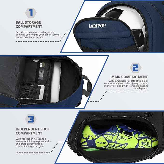 LARIPOP Soccer Backpack Soccer Bag with Ball Holder & Shoe Compartment Youth Sports Equipment Training Bag