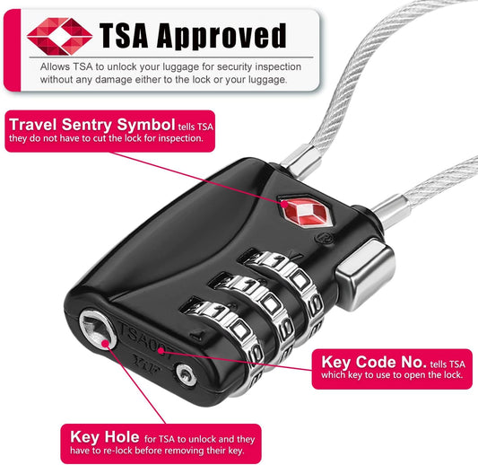 ZHEGE Luggage Lock TSA Approved 3 Digit Travel Cable Padlock with Alloy Body for Suitcase, Baggage, Backpack, Pistol Case (Black)