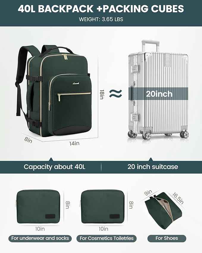 LOVEVOOK Travel Backpack for Women & Men 40L,Airline Approved Carry On Backpack Travel Essential,TSA Carry on Luggage,Waterproof Personal Item Travel Bag,Suitcase with Packing Cubes,Dark green-Black-1