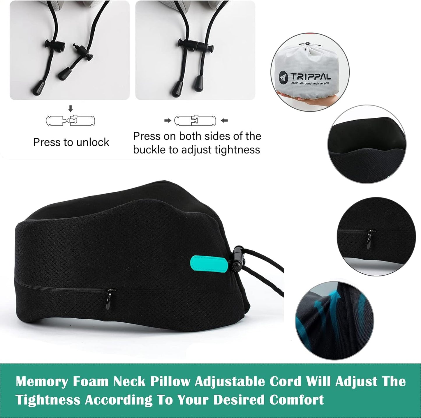 GOLDORANGE Travel Pillow Neck Chin Head Support Best Memory Foam Neck Pillows for Unisex Airplane Car Home Sleeping Rest with Compact Carry Bag Black M