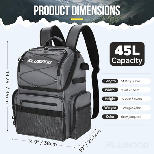 PLUSINNO Cooler Fishing Backpack with Rod Holders 45L Large Water-resistant Fishing Tackle bag Store Fishing Gear Fishing Gifts for Men Father, Sport Bags
