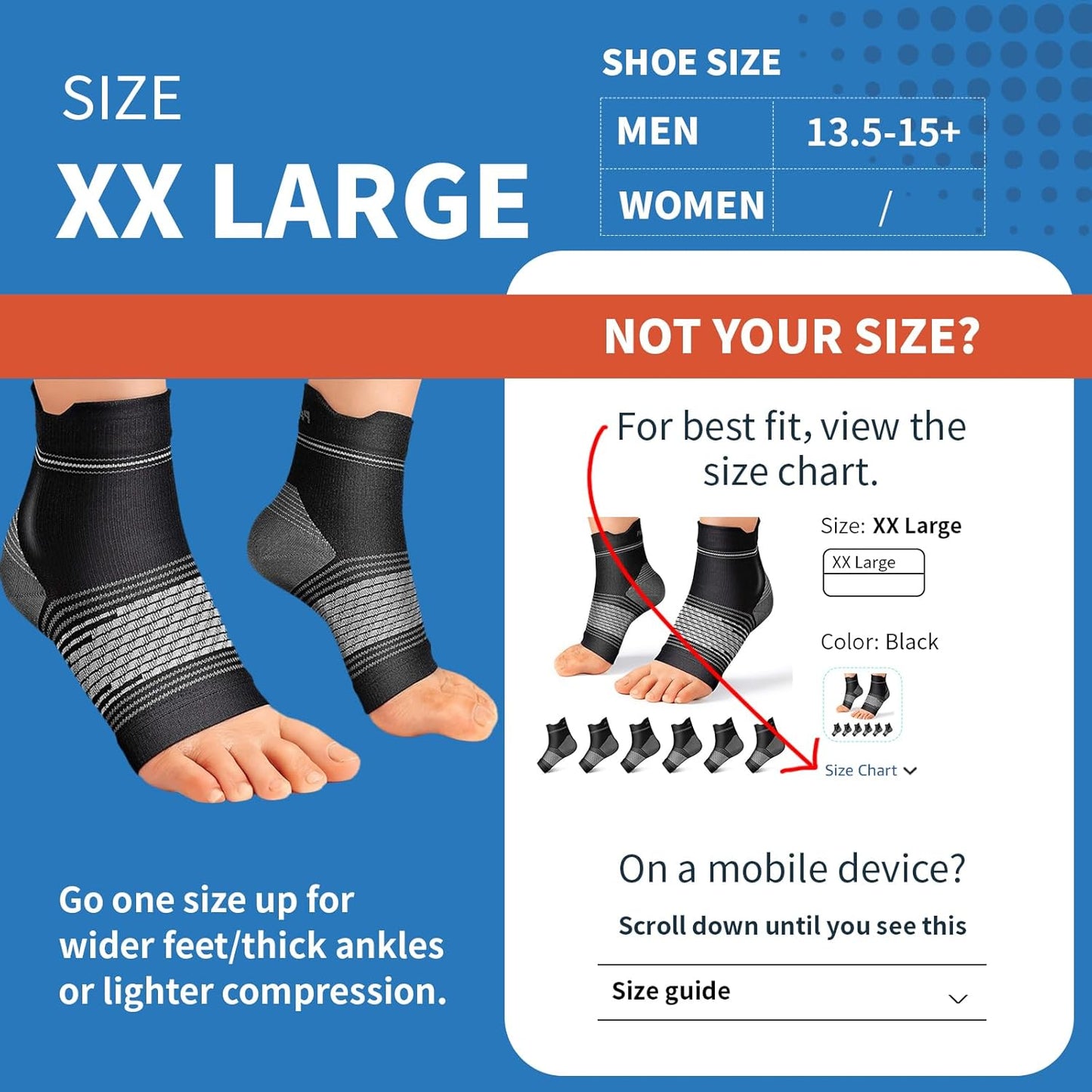 Plantar Fasciitis Sock (6 Pairs) for Men and Women, Compression Foot Sleeves with Arch and Ankle Support, Black, XX-Large