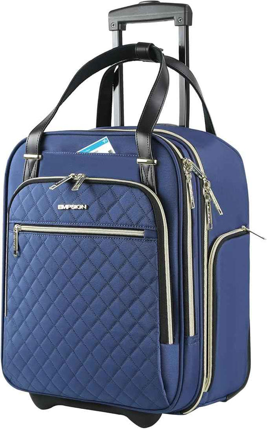 EMPSIGN Underseat Carry On Wheeled - 16" Carry on Bag with Wheels Multi-functional Lightweight Rolling Bag Overnight Weekender Small Suitcase for Women Men Travel Business, Haze Blue-Gold Zipper