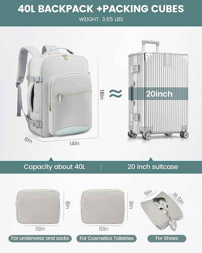 LOVEVOOK Travel Backpack for Women & Men 40L,Airline Approved Carry On Backpack Travel Essentials,TSA Carry on Luggage,Waterproof Personal Item Travel Bag,Suitcase with 3 Cubes,Light grey-Mint green