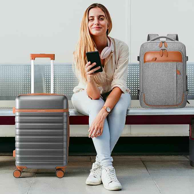 UKEIN Luggage Sets 3 Piece, PC Hardside Large Luggage 24 Inch With Spinner Wheels with TSA Lock, Carry On Suitcase Set With Travel Backpack (Grey, 3 piece set (24inch))