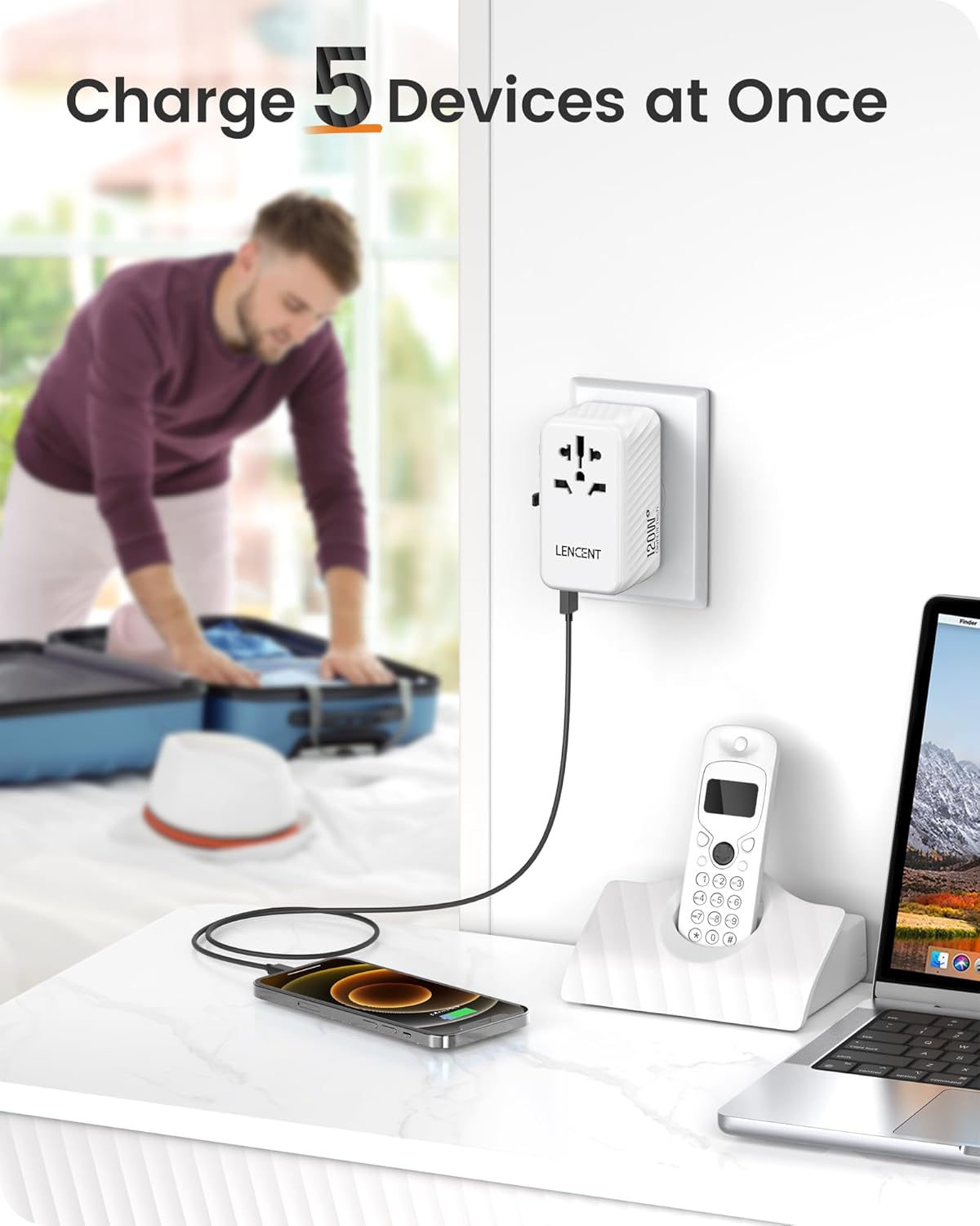 LENCENT International Travel Adapter, 120W GaN Universal Fast Charger with 3 PD3.0 Type C+1 QC USB A, All in One Power Adaptor for iPhones,Laptops, Worldwide Plug Adapter for EU/USA/UK/AU, White