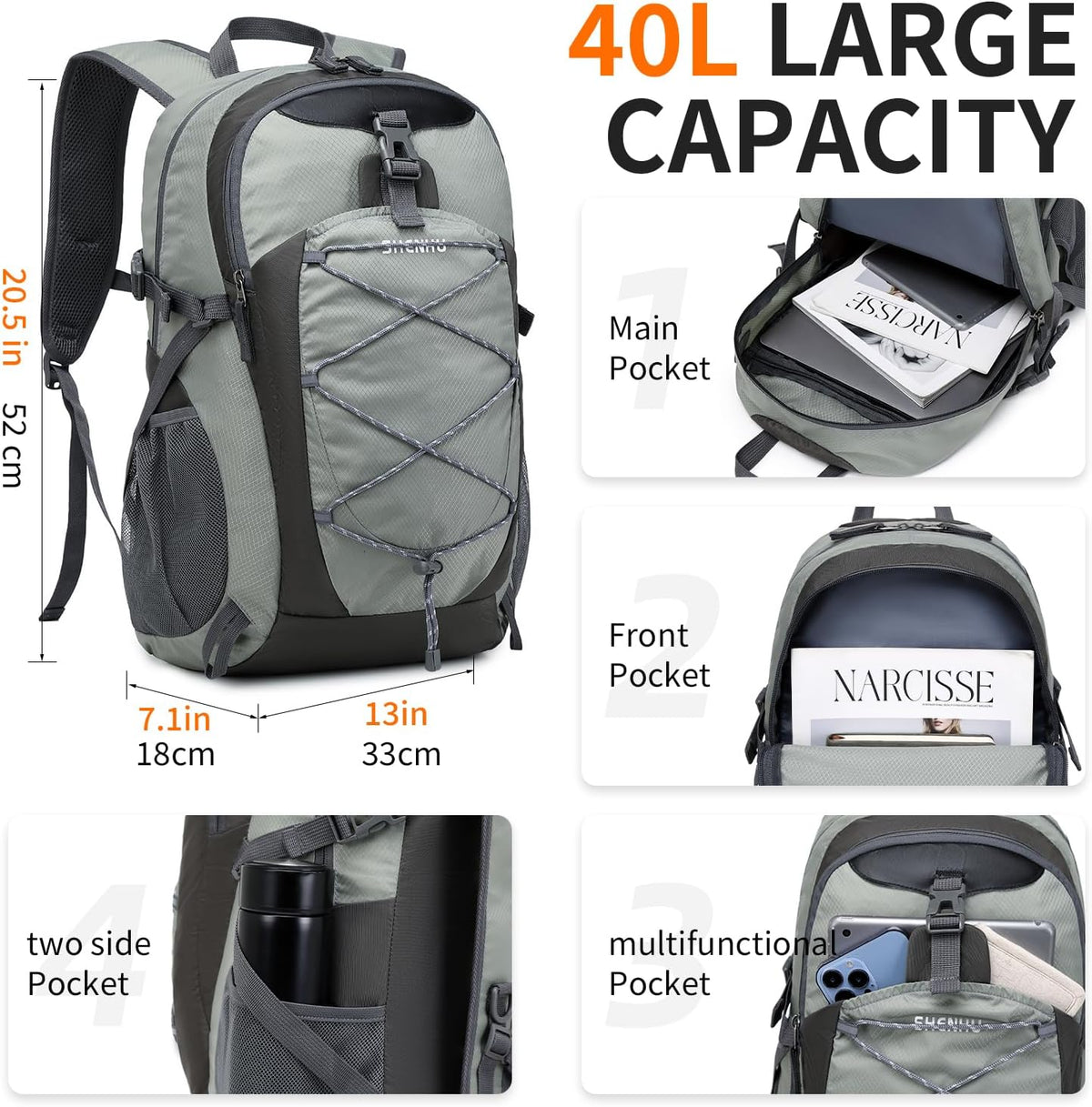 40L Hiking Backpack Lightweight Daypack Waterproof Travel Camping Backpack for Men Women Sport Packable - Roamly